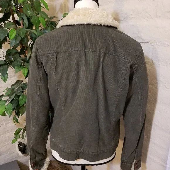 Vintage Roxy Corduroy Coat Juniors Medium Jacket Cotton Fur Green Button Down - Picture 5 of 7